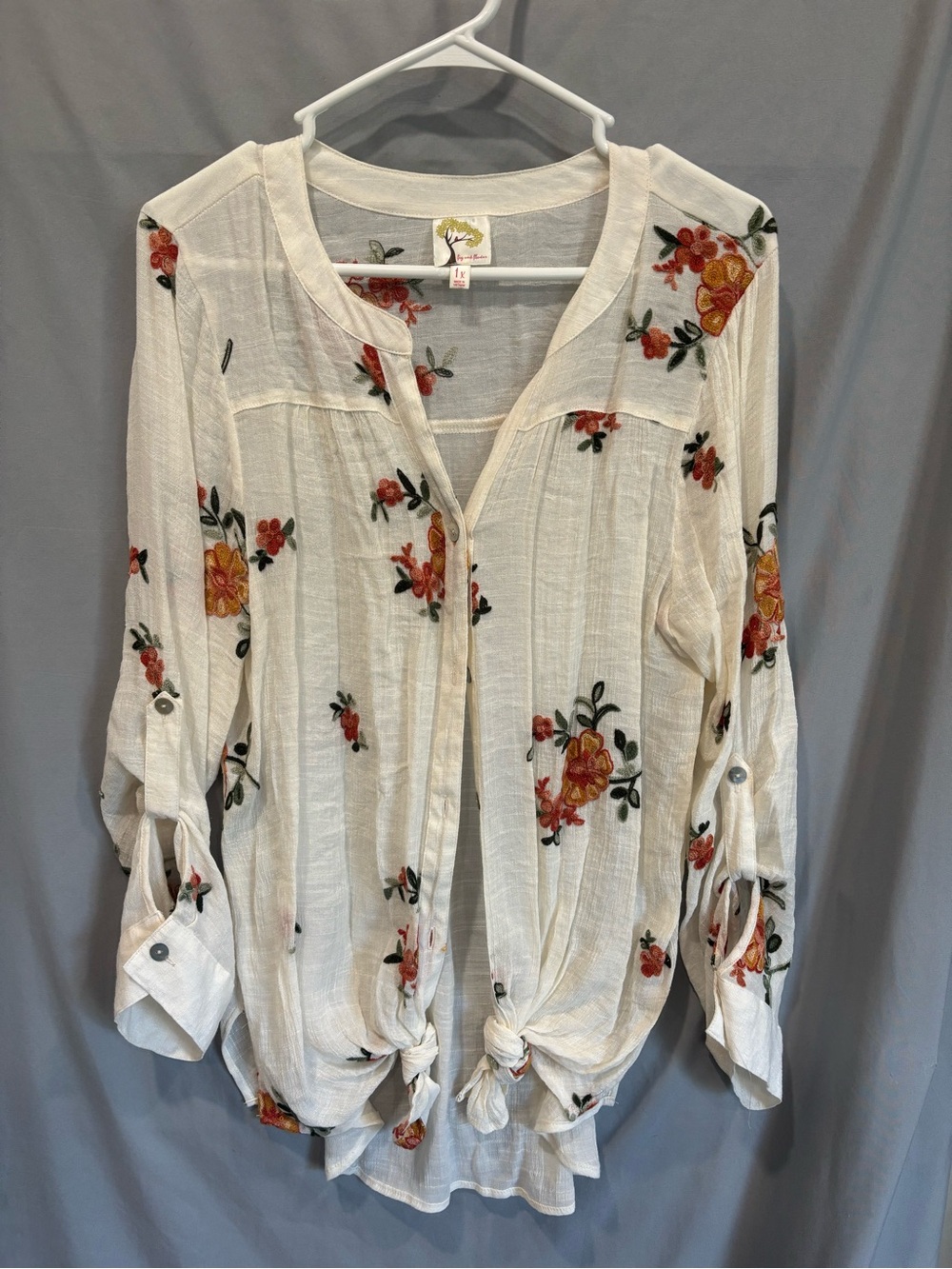 fig and flower White Blouse with Orange Floral Embroidery